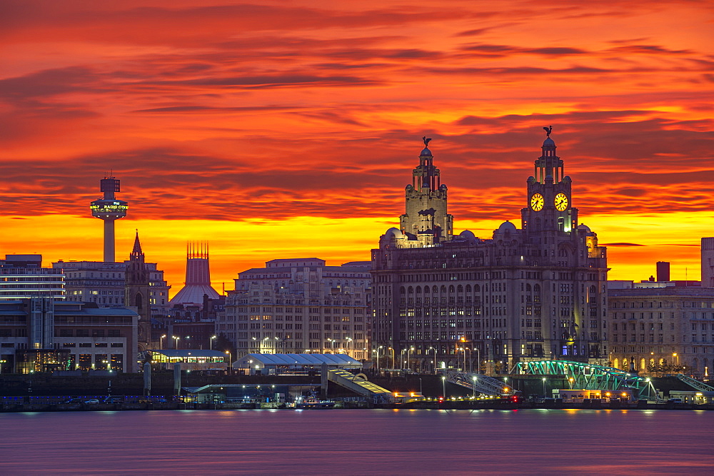 Liverpool Waterfront at sunrise with amazing sky, Liverpool, Merseyside, England, United Kingdom, Europe