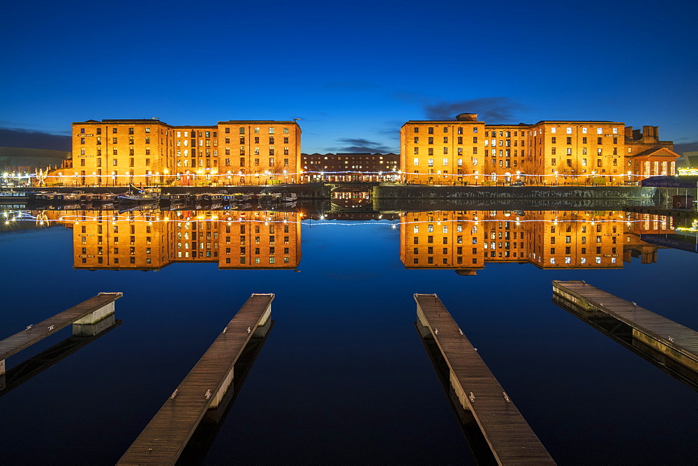 The Royal Albert Dock with perfect reflections at night, Liverpool, Merseyside, England, United Kingdom, Europe