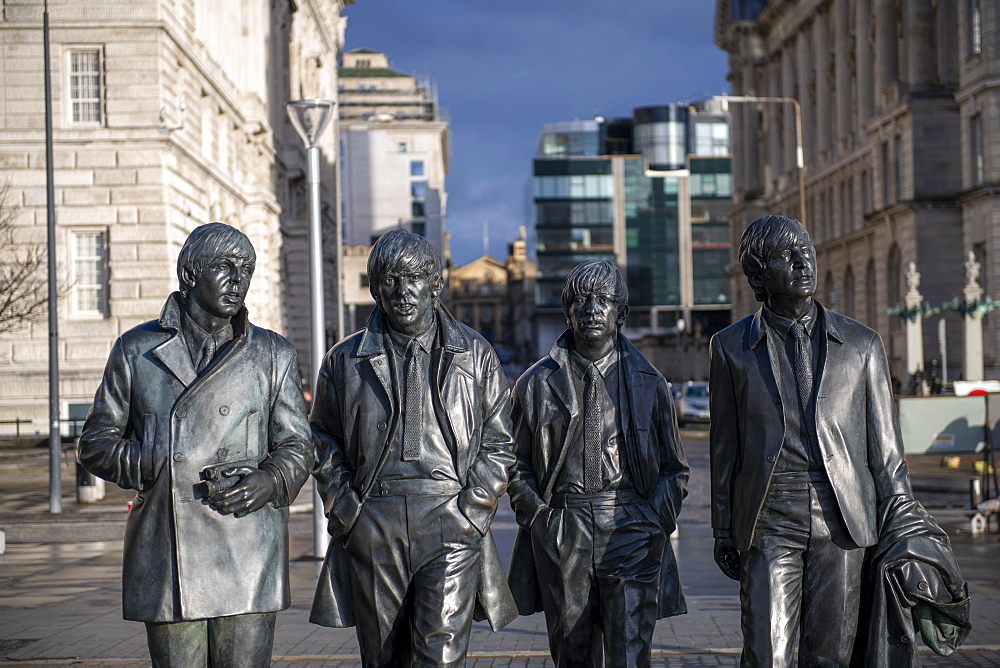 The Beatles statue sculpture at Pier Head on Liverpool Waterfront, Liverpool, Merseyside, England, United Kingdom, Europe