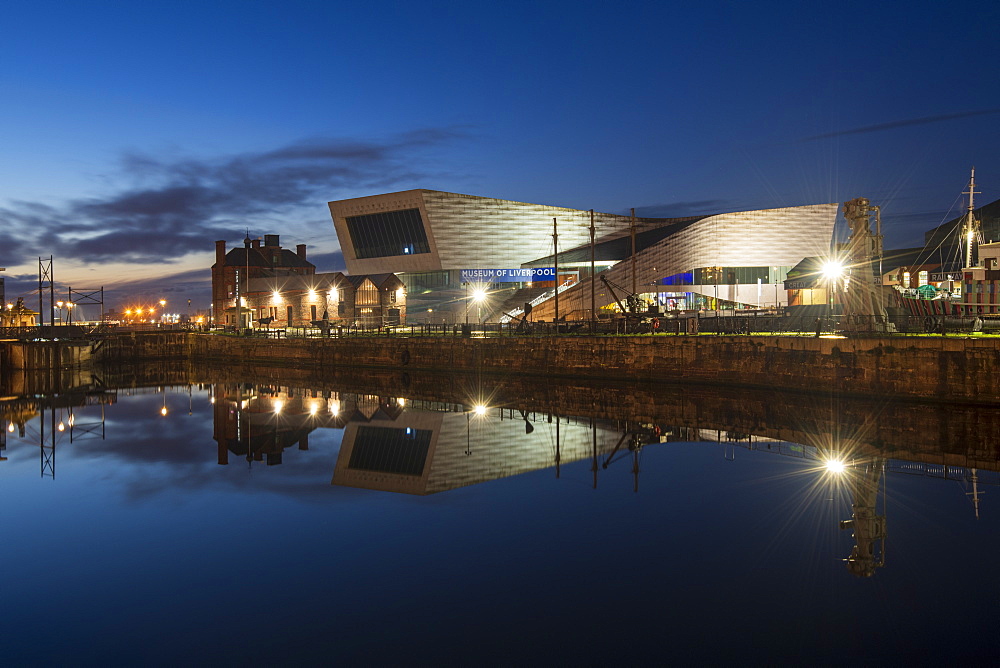 The Museum of Liverpool reflected at night, Liverpool, Merseyside, England, United Kingdom, Europe