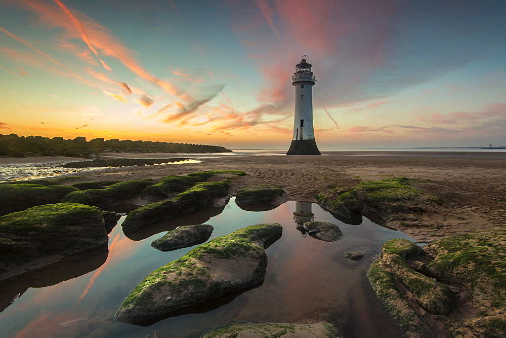 Perch Rock Lighthouse at sunset, New Brighton, Cheshire, England, United Kingdom, Europe