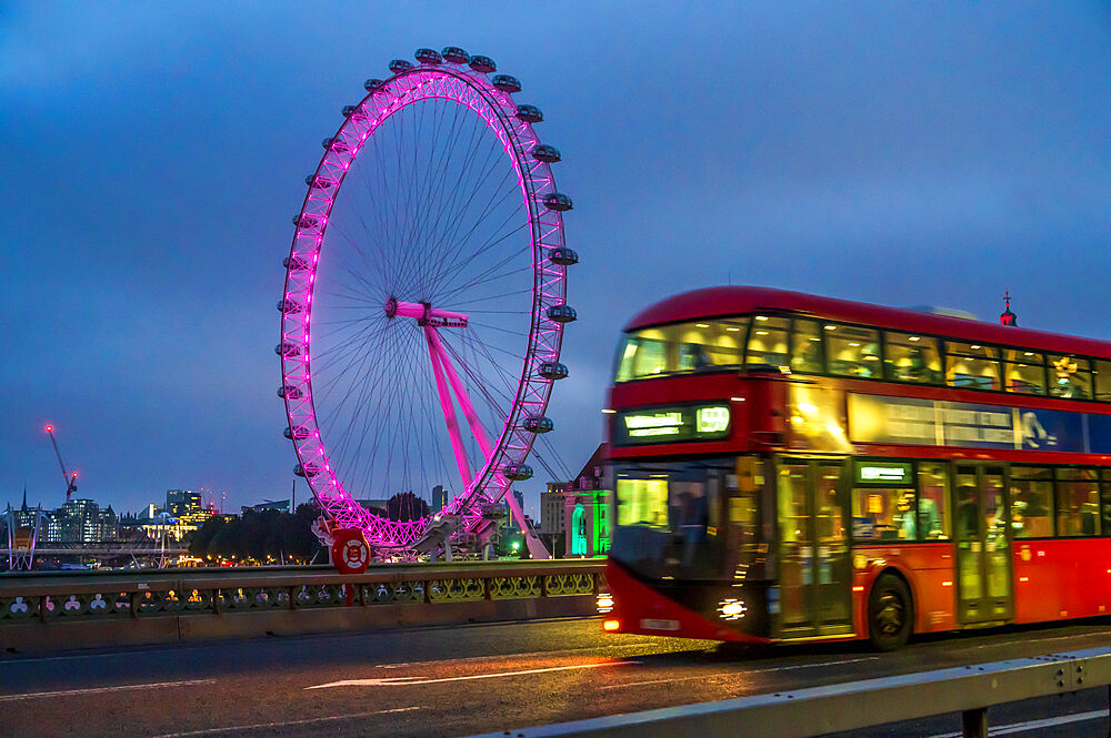 London Bus on Westminster Bridge with Millennium Wheel (London Eye), London, England, United Kingdom, Europe