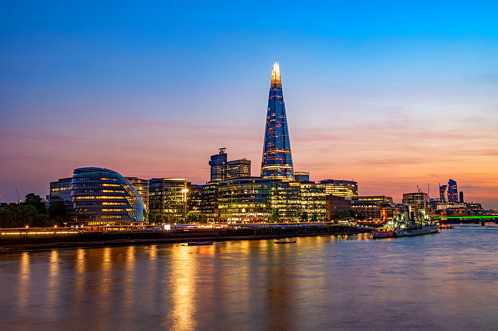 The Shard and City Hall on the South Bank at sunset, London, England, United Kingdom, Europe