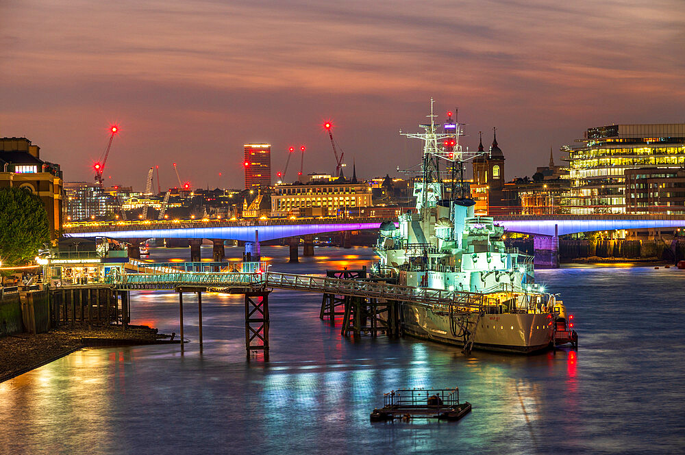 The River Thames with HMS Belfast at night, London, England, United Kingdom, Europe