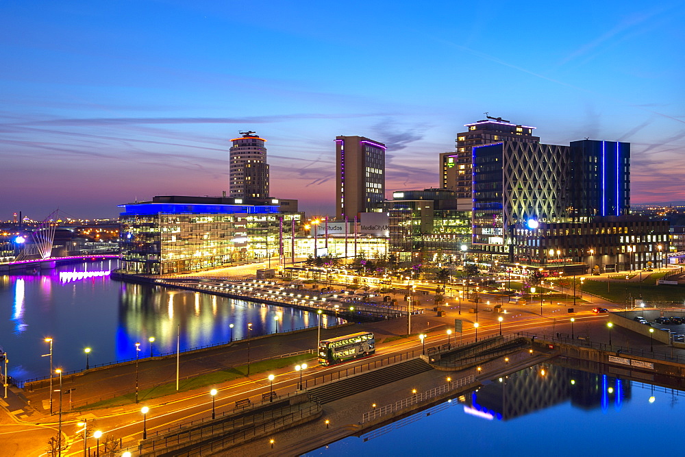 MediaCityUK at night in Salford Quays, Manchester, England, United Kingdom, Europe