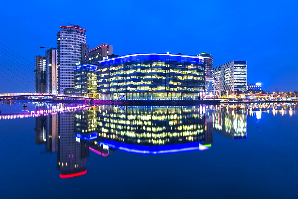 MediaCityUK at night in Salford Quays, Manchester, England, United Kingdom, Europe