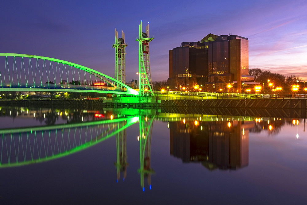 Salford Quays Lift Bridge at night in Salford Quays, Manchester, England, United Kingdom, Europe