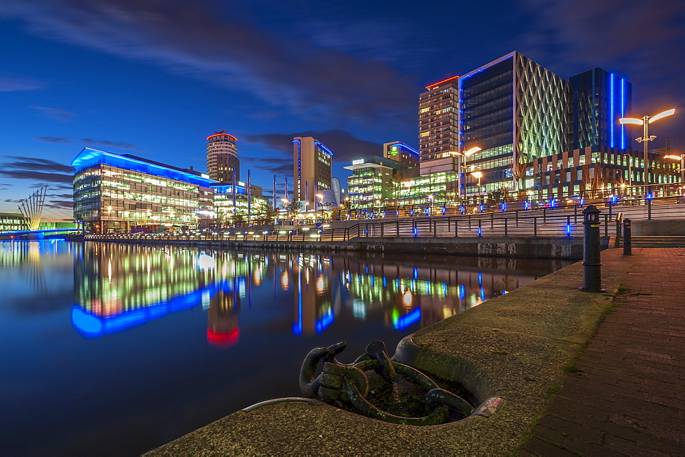 MediaCityUK at night in Salford Quays, Manchester, England, United Kingdom, Europe