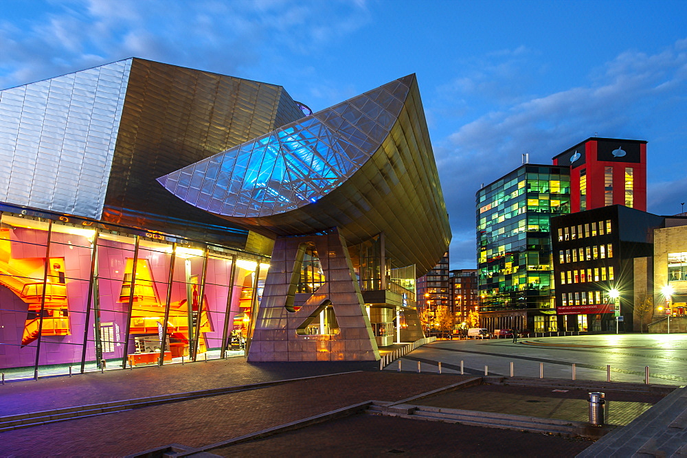 The Lowry at night in Salford Quays, Manchester, England, United Kingdom, Europe