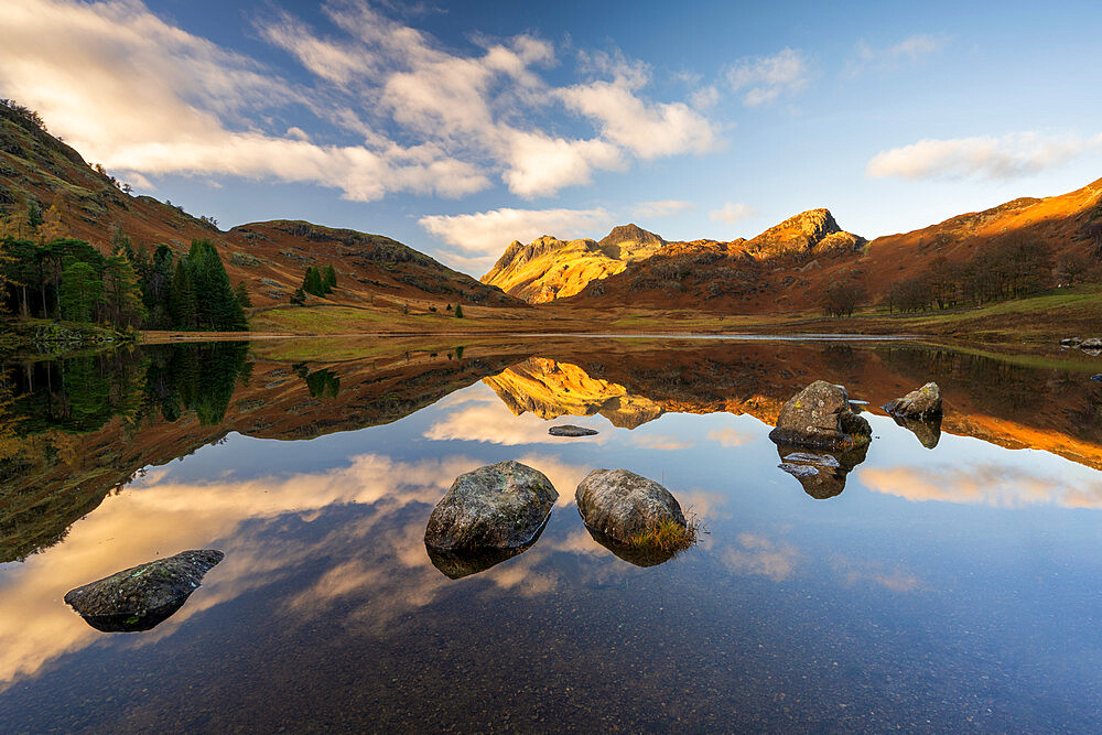 Blea Tarn with mirrored reflections in autumn, Blea Tarn, Lake District National Park, UNESCO World Heritage Site, Cumbria, England, United Kingdom, Europe