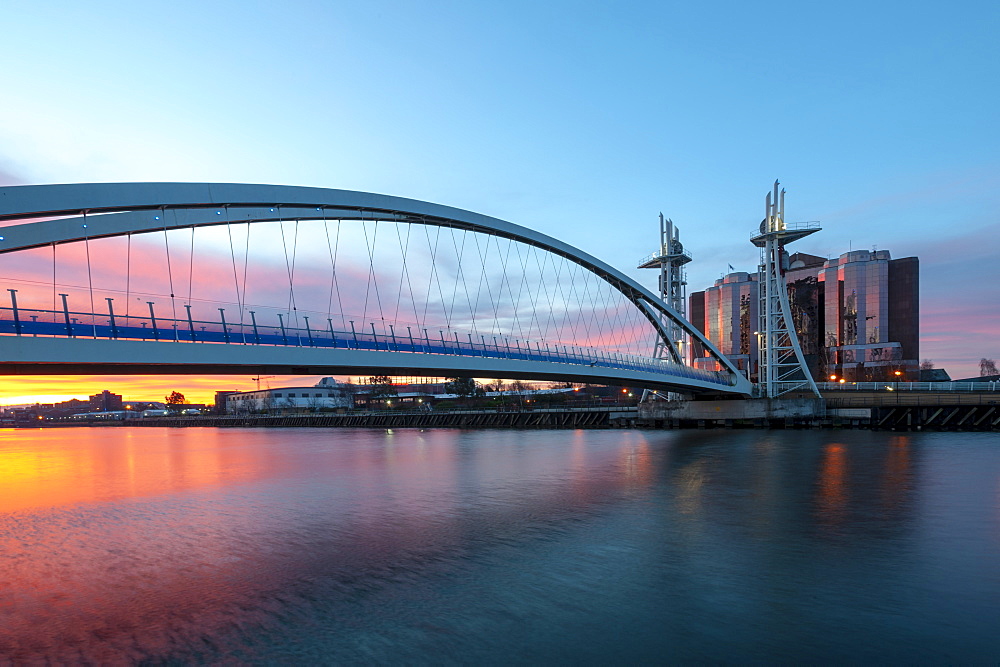 Salford Quays Lift Bridge at sunset in Manchester, England, United Kingdom, Europe