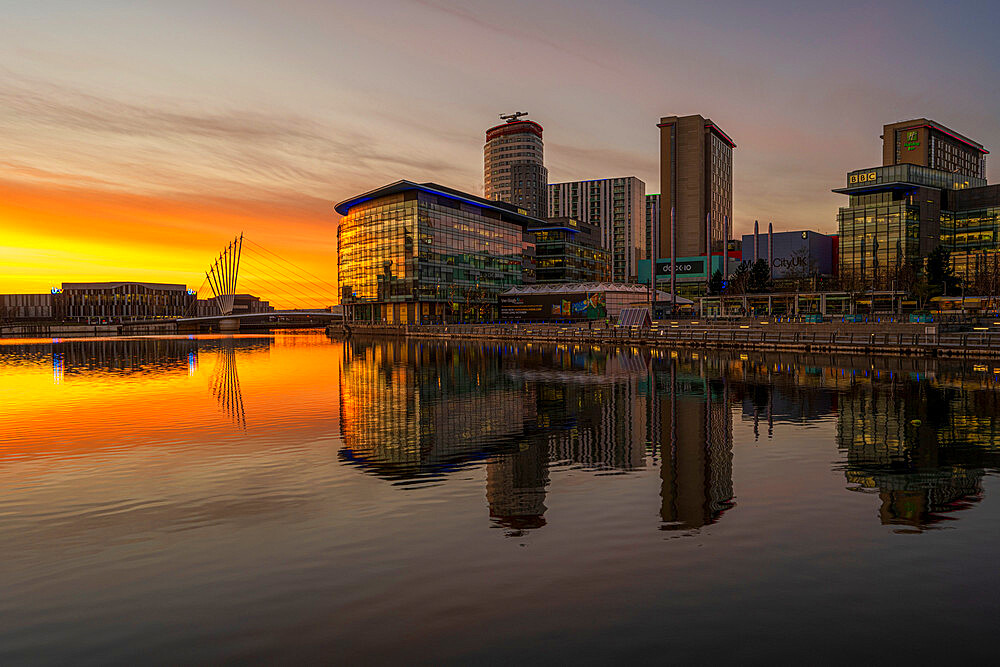 Sunset at Salford Quays and Media City, Salford, Manchester, England, United Kingdom, Europe