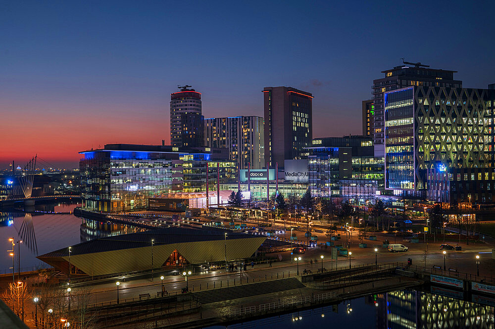 MediCityUK at dusk Salford Quays, Manchester, England, United Kingdom, Europe