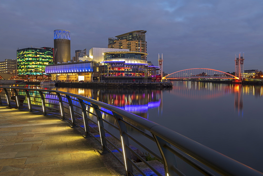 The Lowry and MediaCityUK at night in Salford Quays, Manchester, England, United Kingdom, Europe