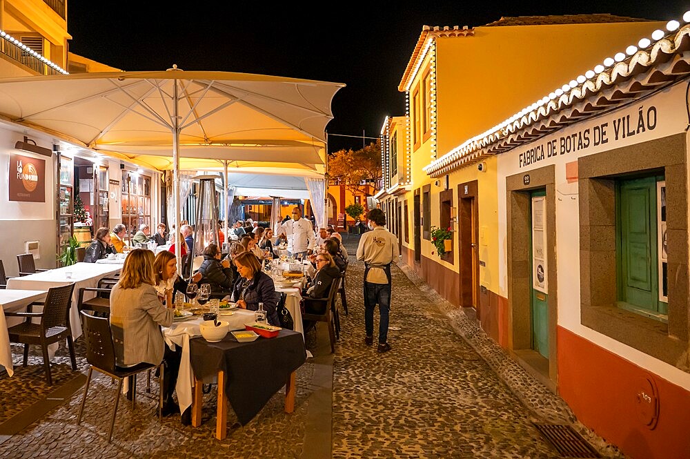 Tourists dining in the Old Town at night, Funchal, Madeira, Portugal, Atlantic, Europe