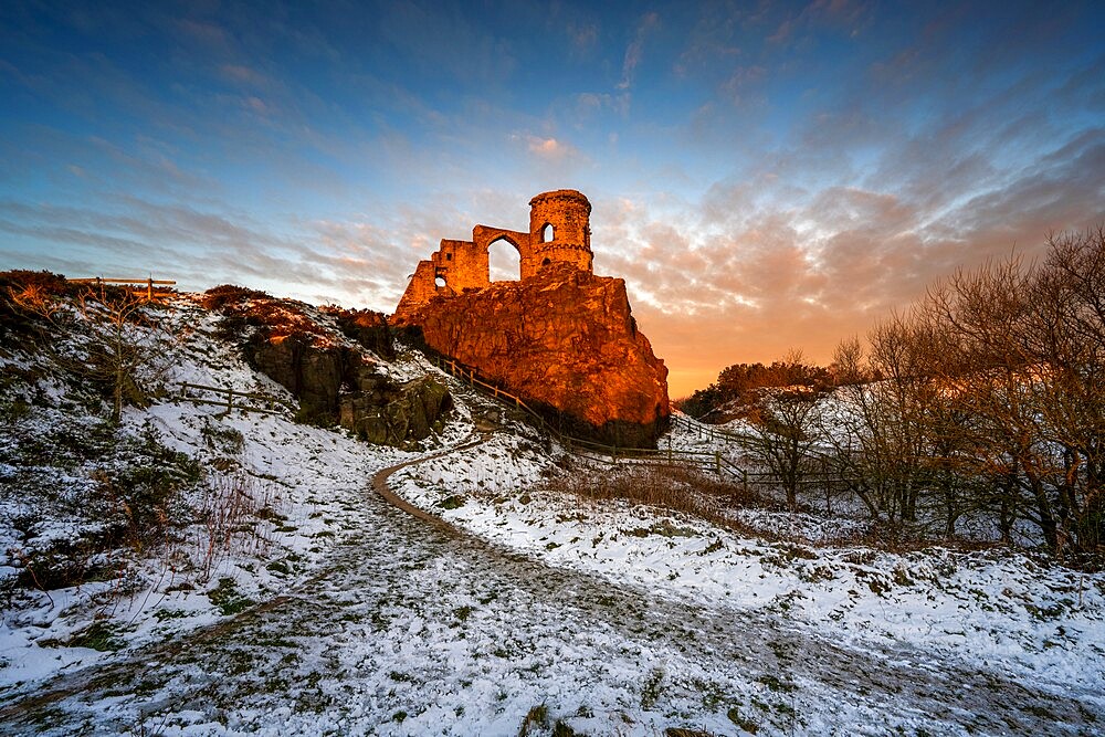 Winter sunrise at the Folly of Mow Cop, Cheshire, England, United Kingdom, Europe