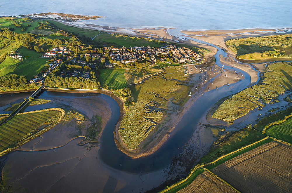 Aerial view of the meandering estuary of the River Aln, Alnmouth, Northumberland, England, United Kingdom, Europe