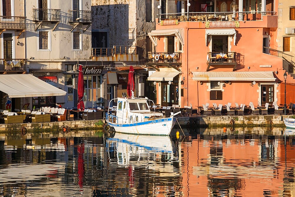 Colourful reflections in the Venetian Harbour, early morning, Rethymno (Rethymnon), Crete, Greek Islands, Greece, Europe