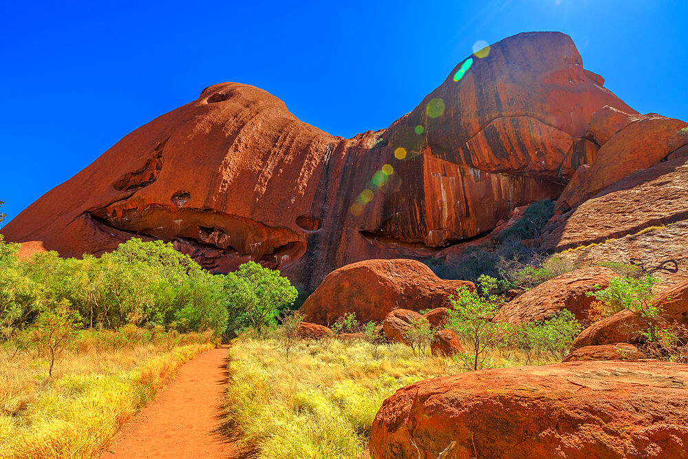 Red sand path and bush vegetation in winter season at southern face of Ayers Rock along Uluru Base Walk, Uluru-Kata Tjuta National Park, UNESCO World Heritage Site, Northern Territory, Australia, Pacific