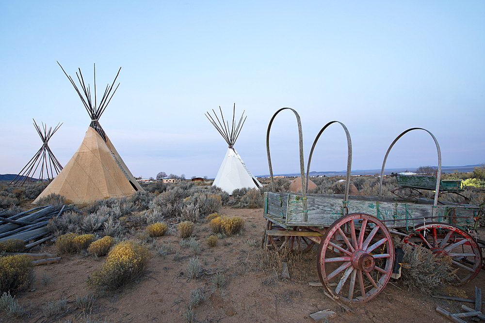 Teepees (tipis) on display at dusk in Taos, New Mexico, United States of America, North America