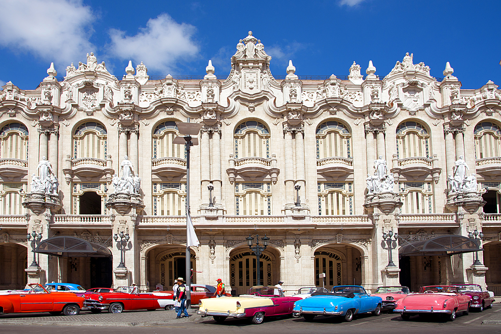 Vintage cars parked outside the Gran Teatro de La Habana, Havana, Cuba, West Indies, Caribbean, Central America