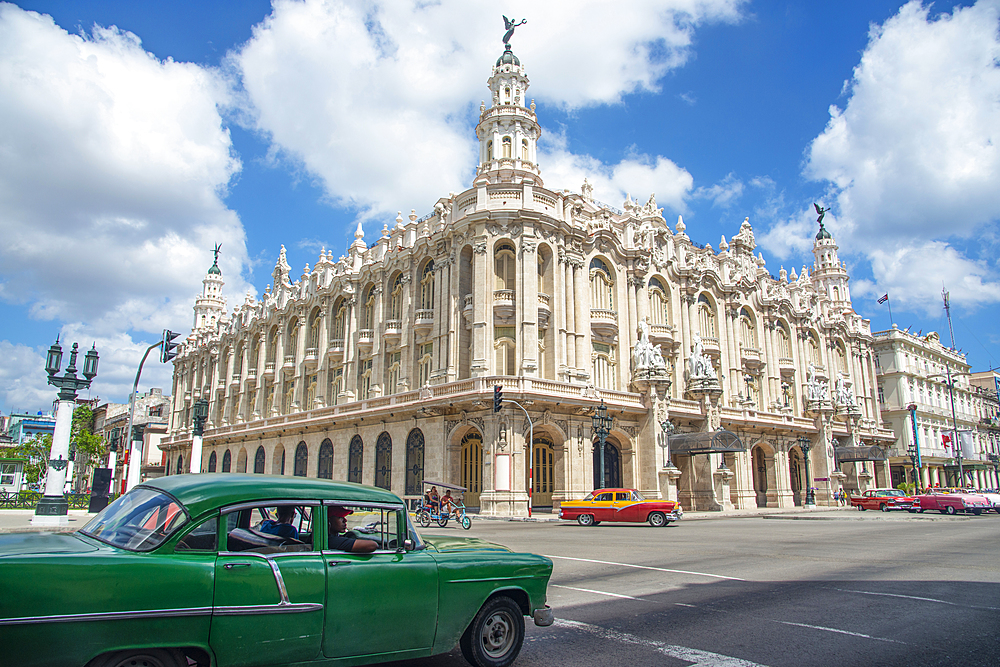 Street scene with vintage cars and the Gran Teatro de La Habana, Havana, Cuba, West Indies, Caribbean, Central America