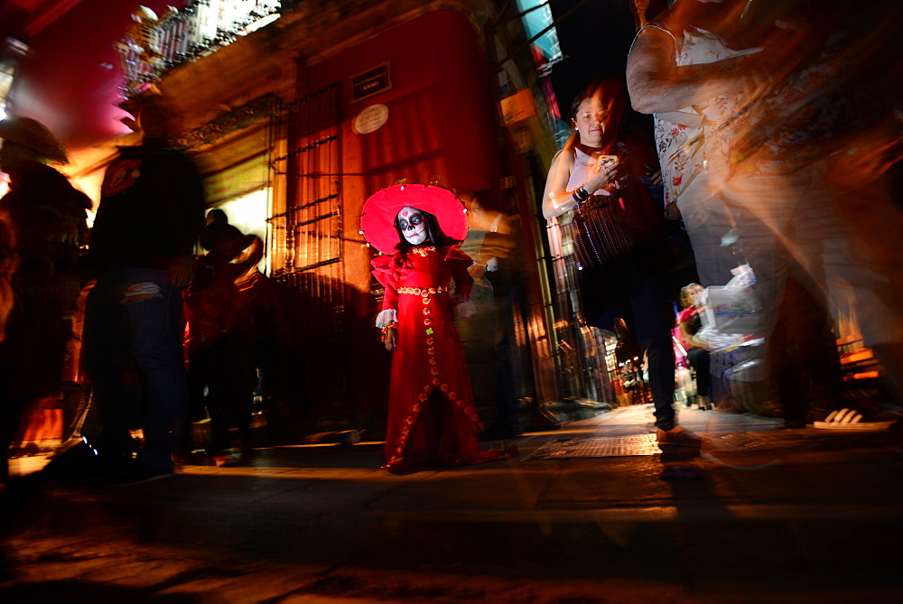 People participating in comparsas (street dances) during the Day of The Dead Celebration, Oaxaca City, Oaxaca, Mexico, North America