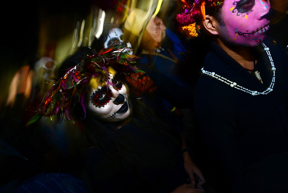 People participating in comparsas (street dances) during the Day of The Dead Celebration, Oaxaca City, Oaxaca, Mexico, North America