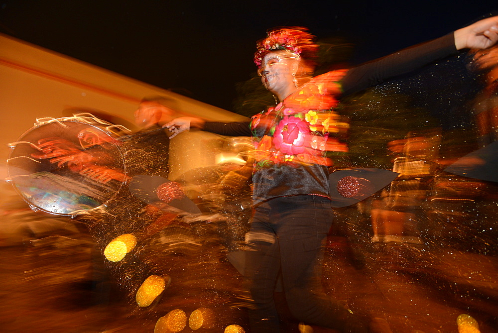 People participating in comparsas (street dances) during the Day of The Dead Celebration, Oaxaca City, Oaxaca, Mexico, North America