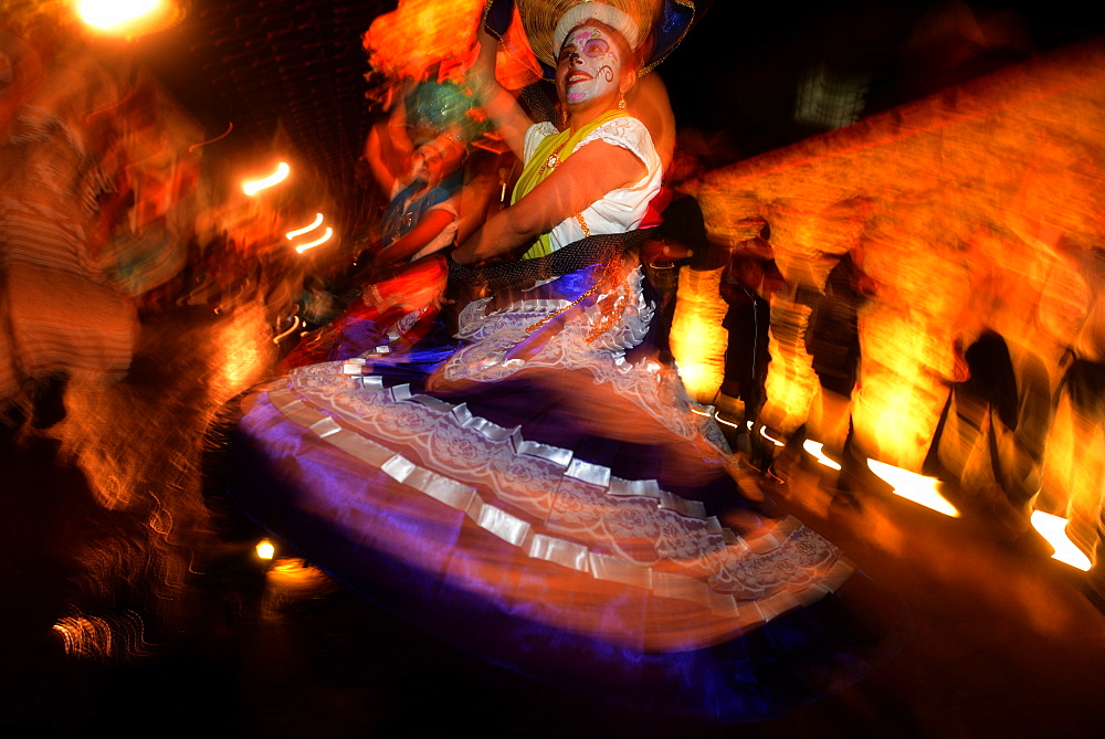 People participating in comparsas (street dances) during the Day of The Dead Celebration, Oaxaca City, Oaxaca, Mexico, North America