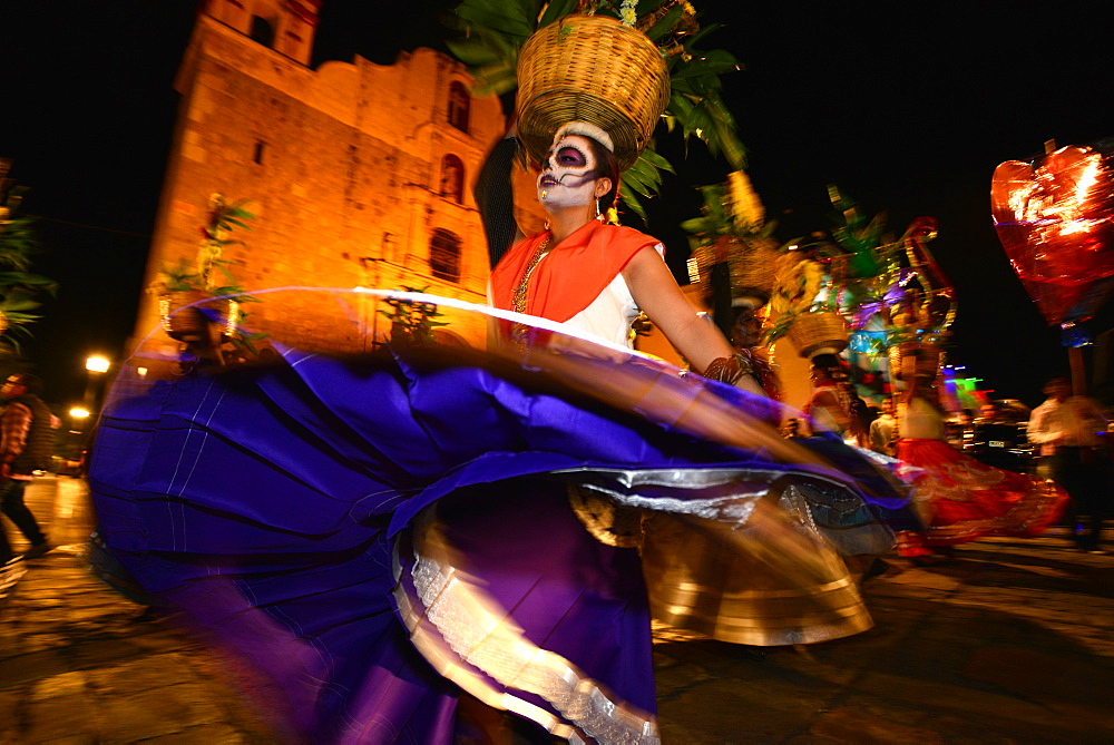 People participating in comparsas (street dances) during the Day of The Dead Celebration, Oaxaca City, Oaxaca, Mexico, North America