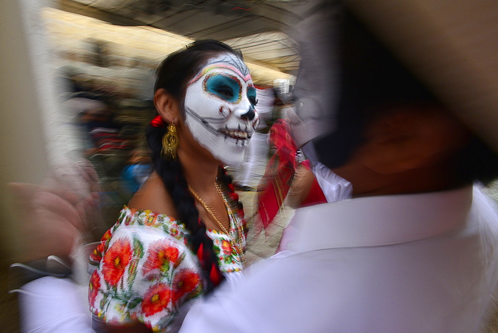 People participating in comparsas (street dances) during the Day of The Dead Celebration, Oaxaca City, Oaxaca, Mexico, North America