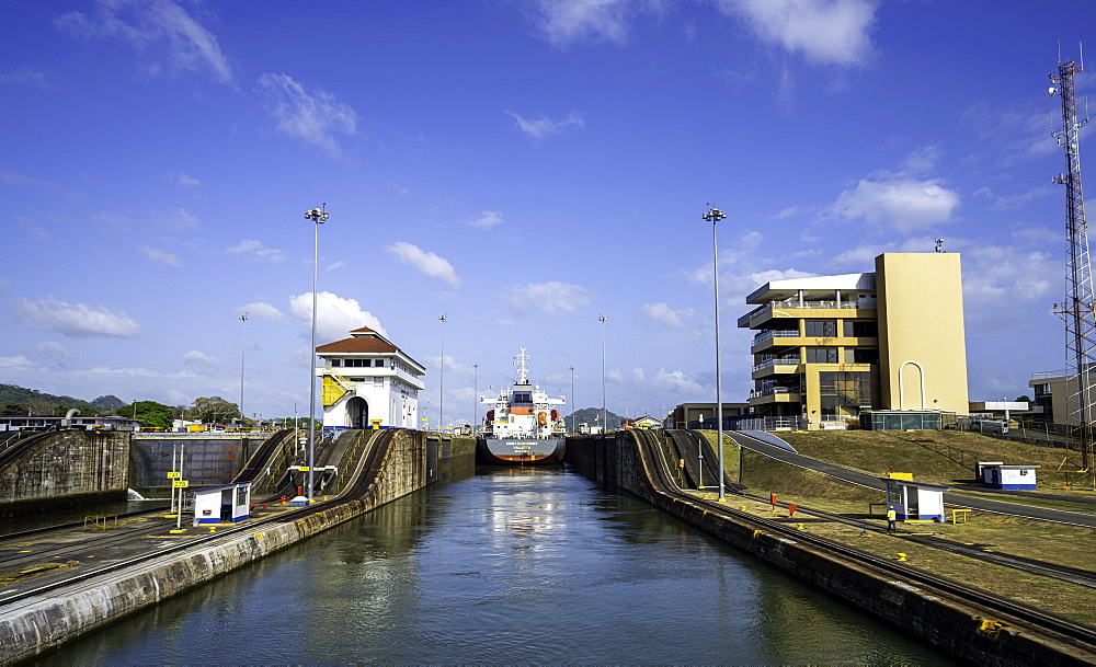 A view looking at the Miraflores Locks and Visitors Center from the Panama Canal, Panama, Central America