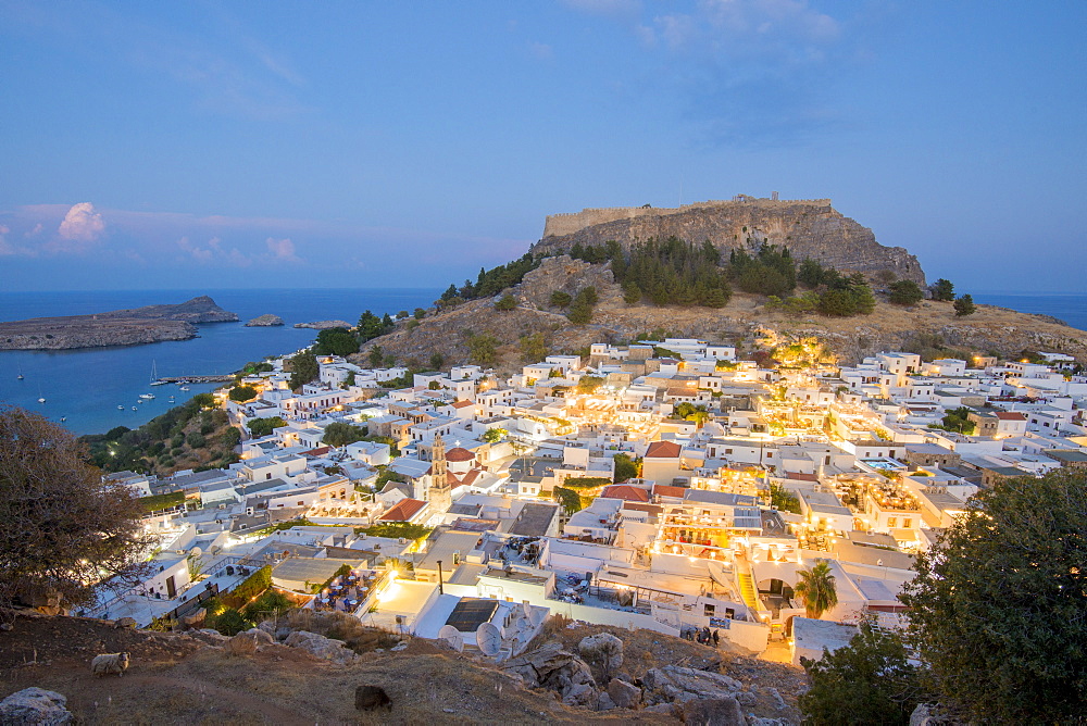 Night view over Lindos town, Rhodes, Dodecanese, Greek Islands, Greece, Europe