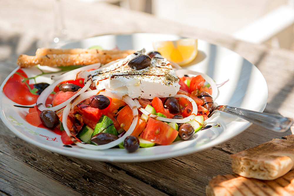 Cypriot Village Salad served with pitta bread and white wine, Cyprus, Mediterranean, Europe