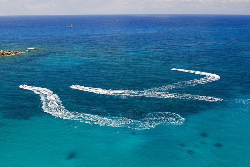 Aerial view of people on jet skis, Coral Bay, Paphos, Cyprus, Mediterranean, Europe