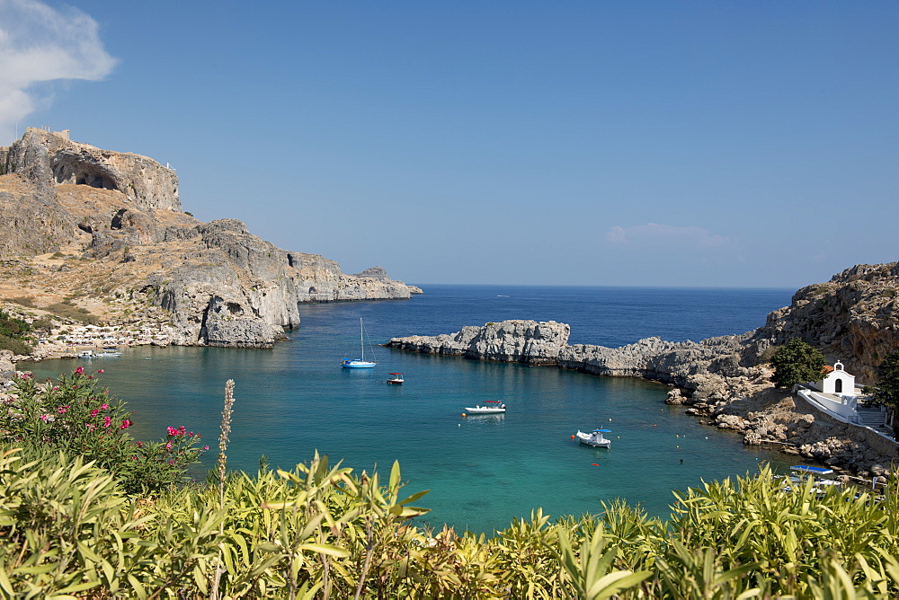 View of St. Pauls Bay, Lindos, Rhodes, Dodecanese, Greek Islands, Greece, Europe