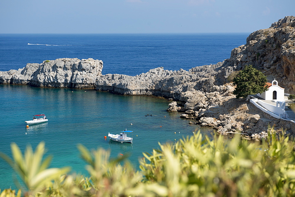 View of St. Pauls Bay, Lindos, Rhodes, Dodecanese, Greek Islands, Greece, Europe