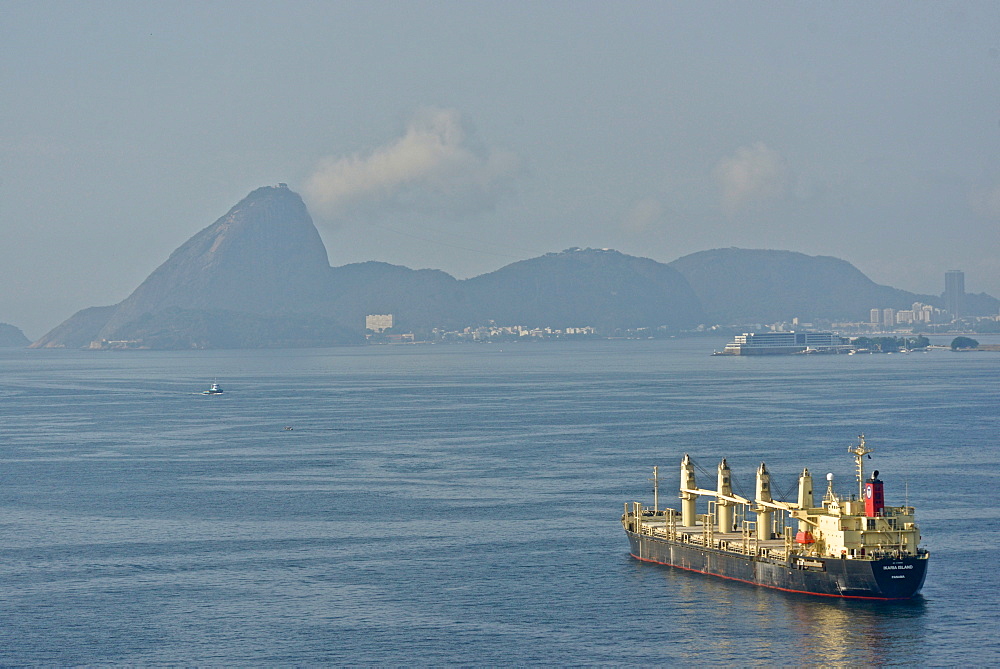 A view of Rio de Janeiro from the water with Sugarloaf on the background, Brazil