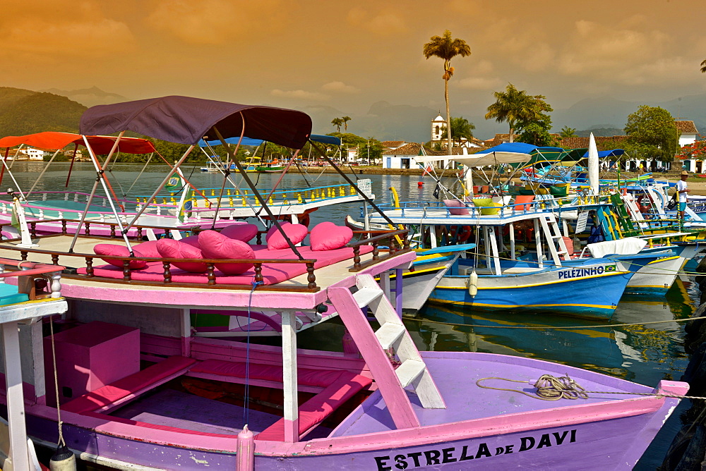 View of Capela de Santa Rita and Colonial Paraty from the Bay, Rio de Janeiro State, Brazil