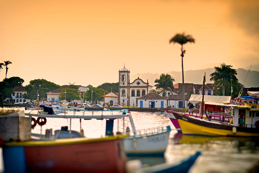 View of Capela de Santa Rita and Colonial Paraty from the Bay, Rio de Janeiro State, Brazil