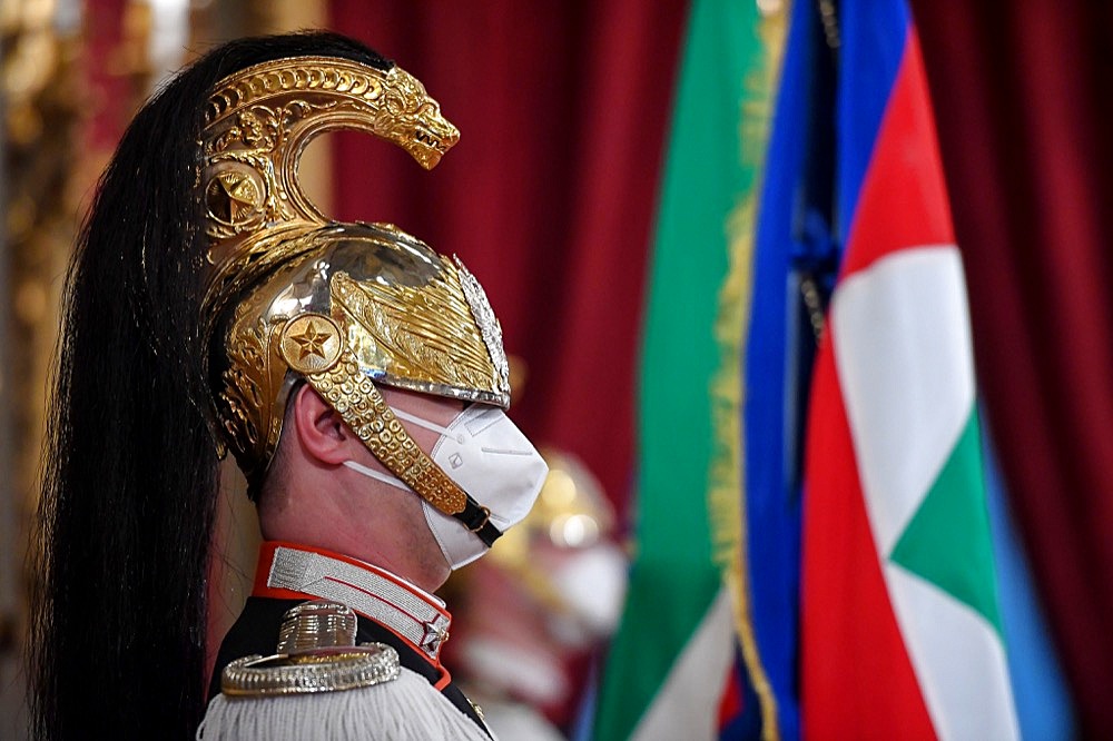 Rome,  The Carabinieri Cuirassier Regiment, Carabinieri Guards of the President of the Republic Command in the ballroom on the occasion of consultations at the Quirinale