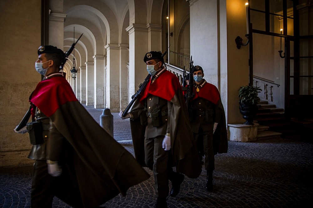 Rome,  The Carabinieri Cuirassier Regiment, Carabinieri Guards of the President of the Republic Command in the ballroom on the occasion of consultations at the Quirinale