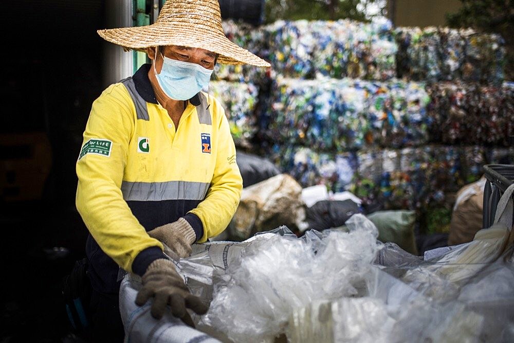 Plastic recycling center, New Territories, Hong Kong, China