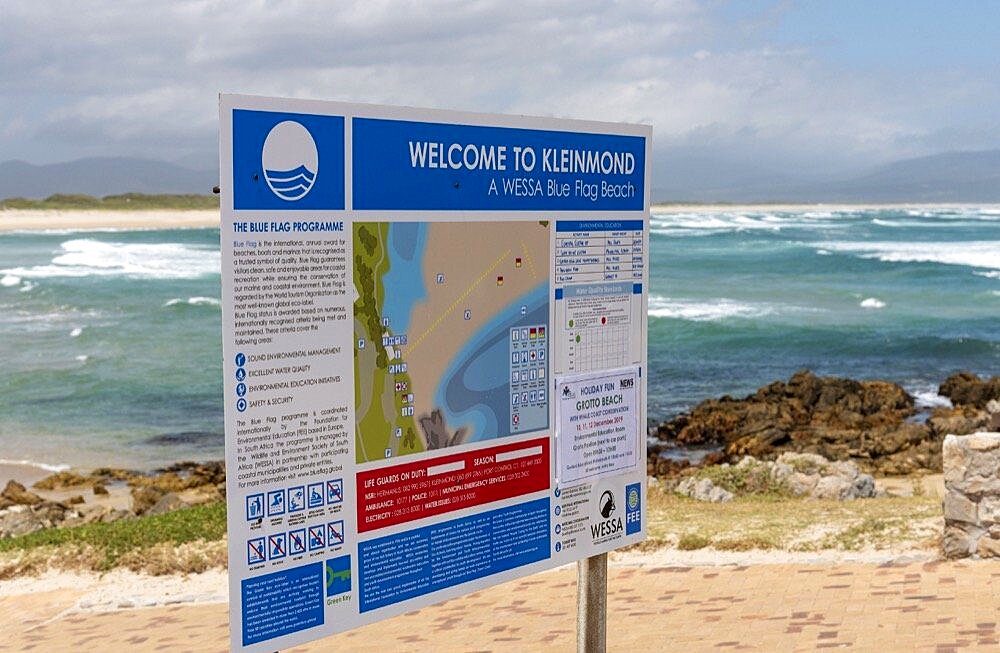 Kleinmond, Western Cape, South Africa, Beach at Kleinmond with welcome and tourist information board