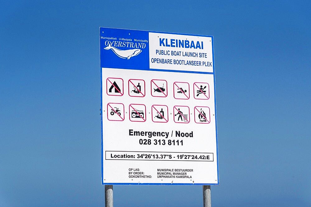 Kleinbaai, Western cape, South Africa, Public notice board at Van Dyks Bay at Kleinbaai in the Overberg region.