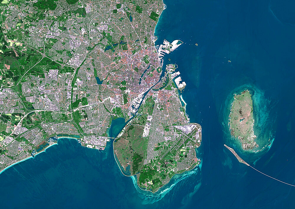 Color satellite image of Copenhagen, capital city of Denmark. The Oresund Bridge which is a combination of tunnel and bridge, connects Copenhagen to the Swedish city of Malmo. Image collected on May 27, 2017 by Sentinel-2 satellites.