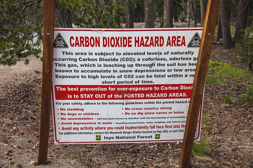 Carbon Dioxide Hazard Area warning sign around Horseshoe Lake, Inyo National Forest