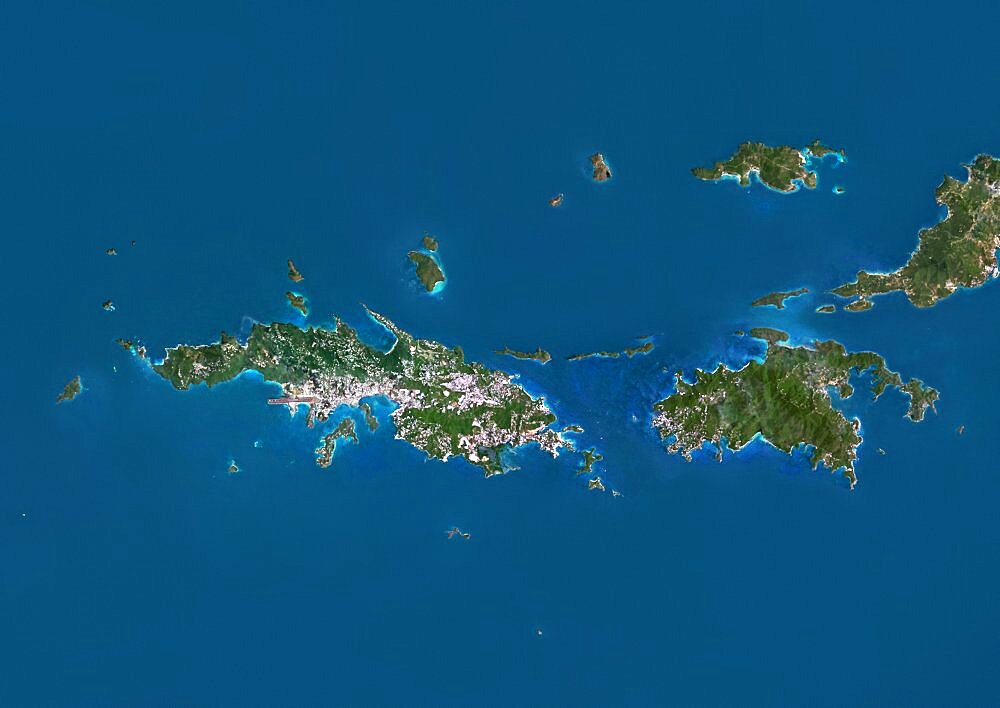 Satellite view of Saint Thomas and Saint John, US Virgin Islands. This image was compiled from data acquired by Landsat satellites.