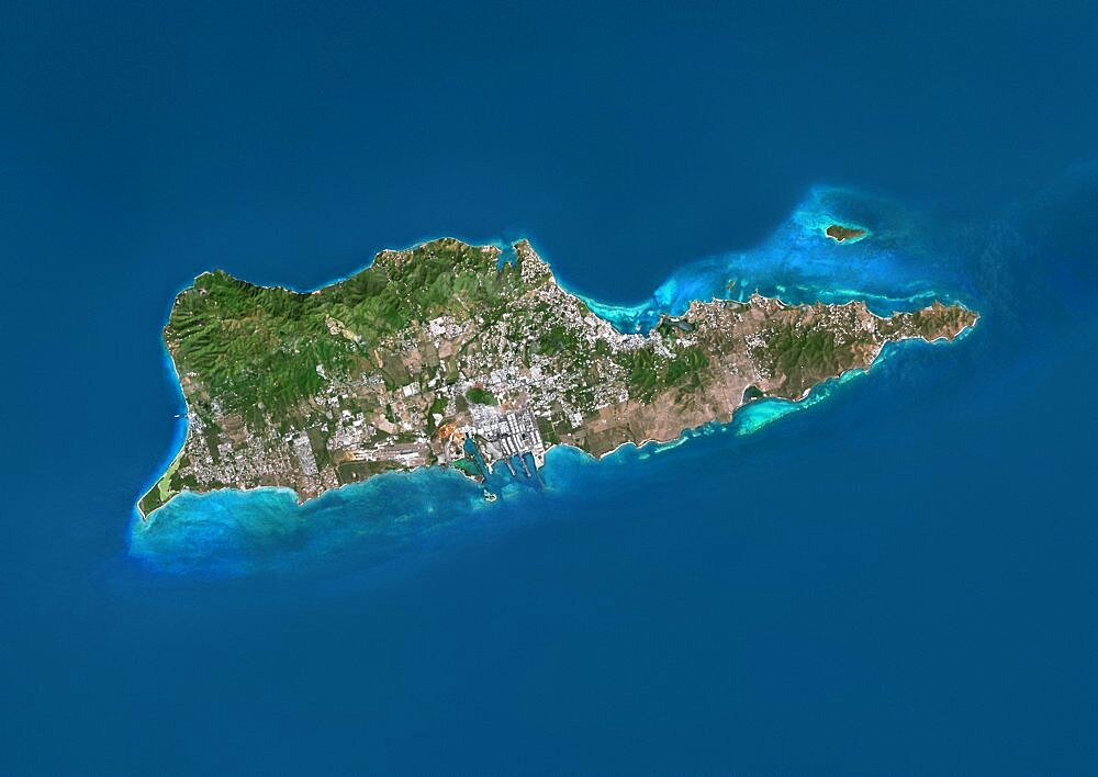 Satellite view of Saint Croix, US Virgin Islands. This image was compiled from data acquired by Landsat satellites.